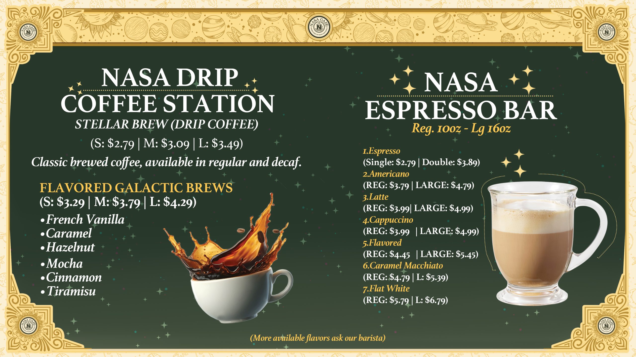 Explore NASA Cafe's full menu in NYC. From cosmic lattes to fresh juices, sandwiches & pastries — discover your new favorite today.