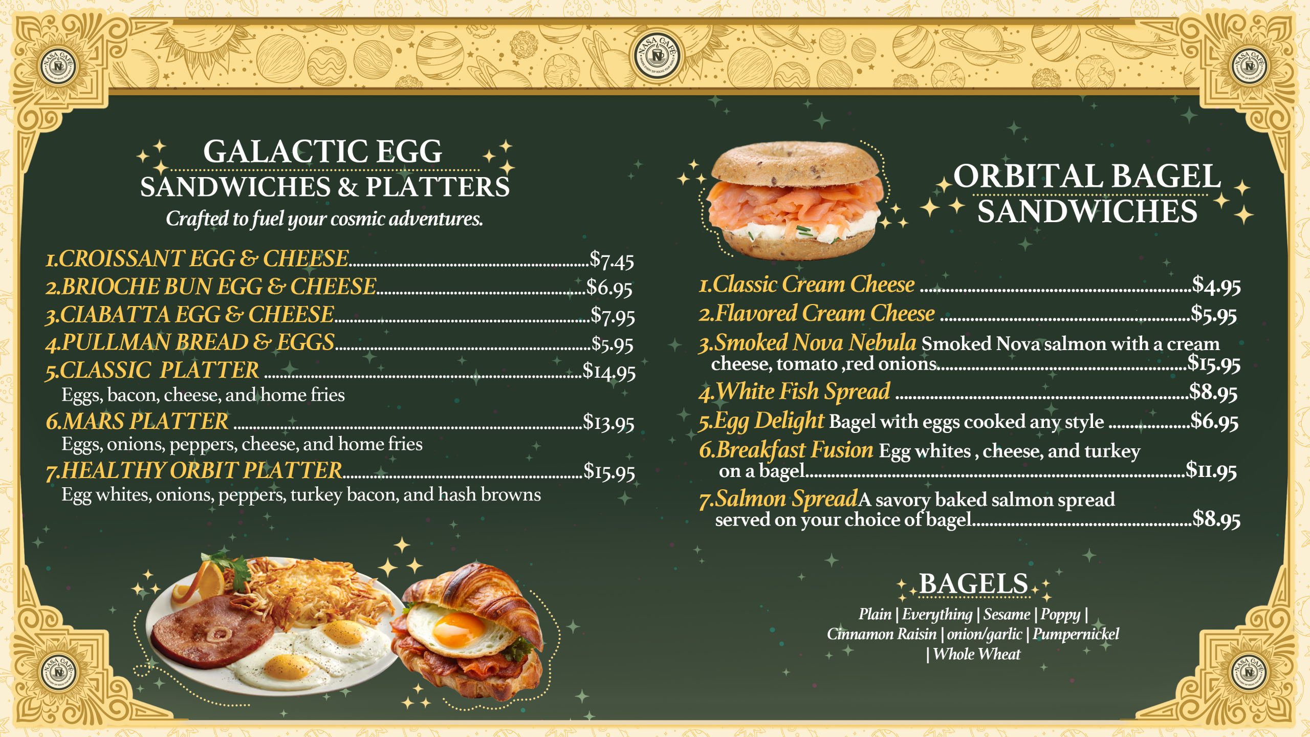 Explore NASA Cafe's full menu in NYC. From cosmic lattes to fresh juices, sandwiches & pastries — discover your new favorite today.