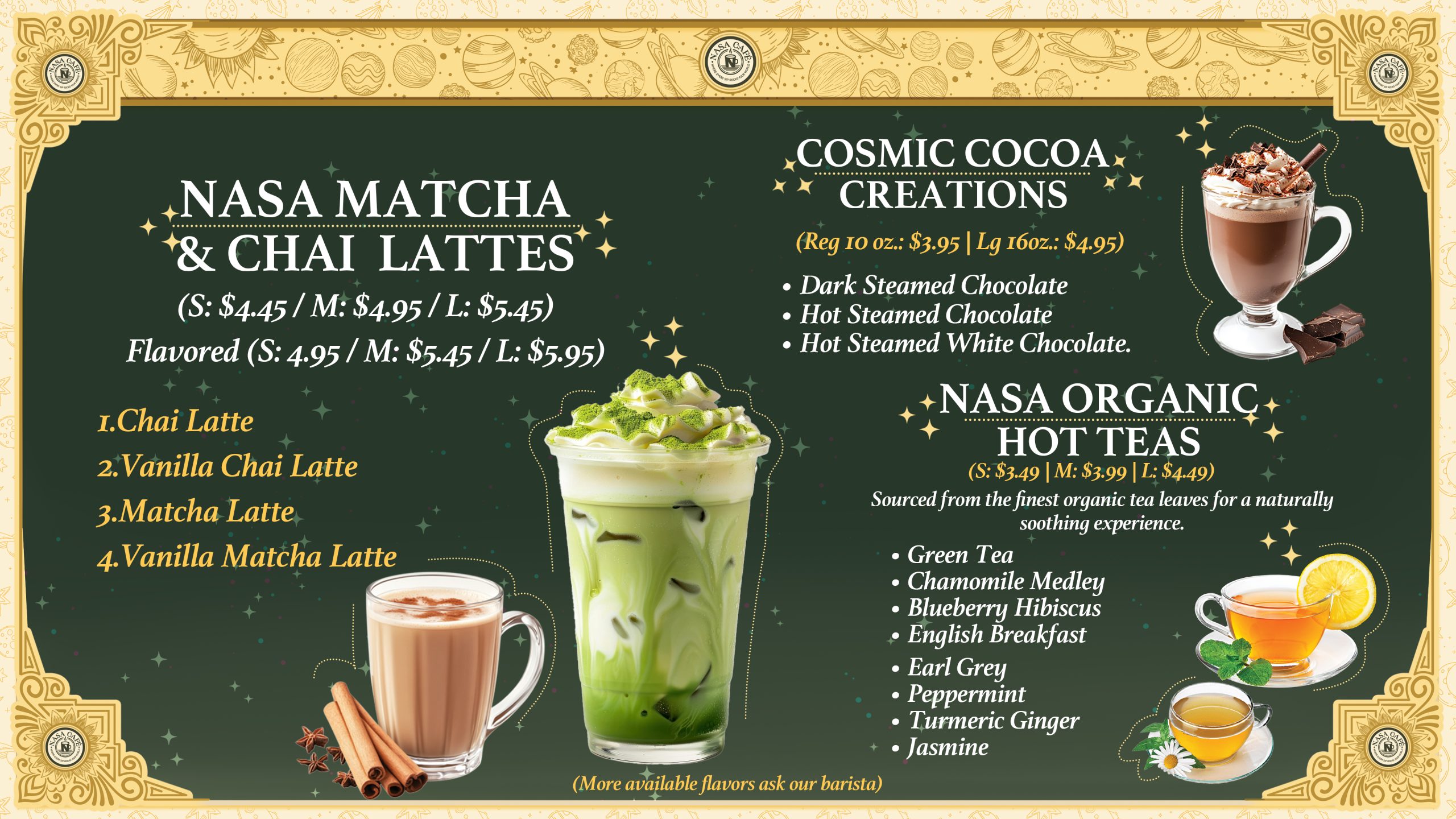 Explore NASA Cafe's full menu in NYC. From cosmic lattes to fresh juices, sandwiches & pastries — discover your new favorite today.