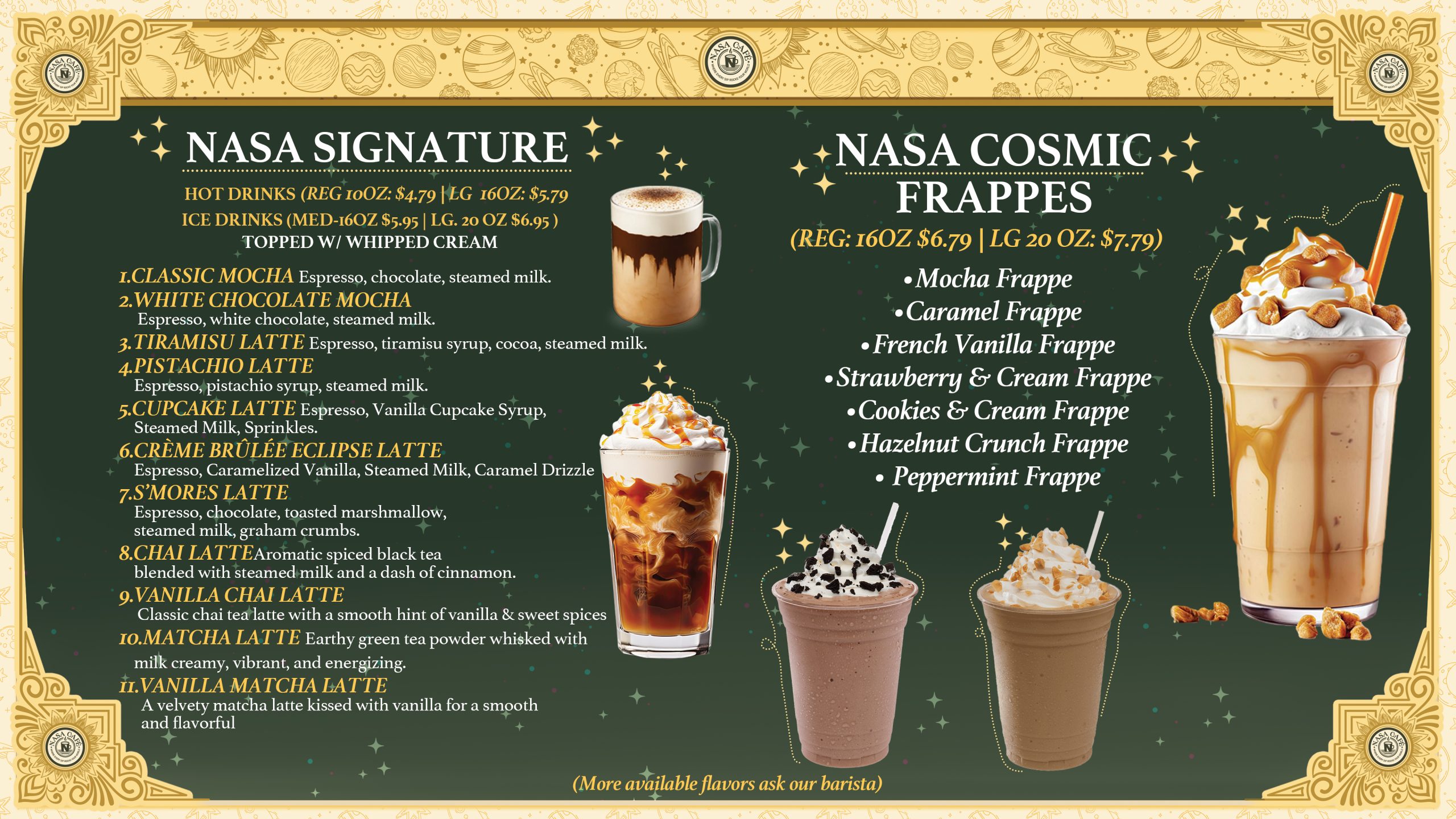 Explore NASA Cafe's full menu in NYC. From cosmic lattes to fresh juices, sandwiches & pastries — discover your new favorite today.