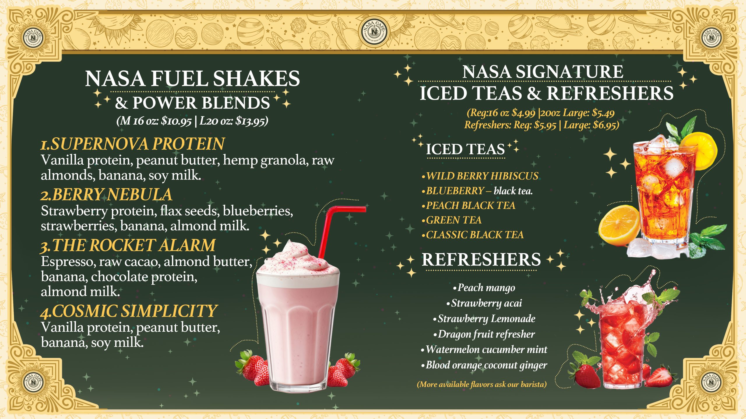 Explore NASA Cafe's full menu in NYC. From cosmic lattes to fresh juices, sandwiches & pastries — discover your new favorite today.