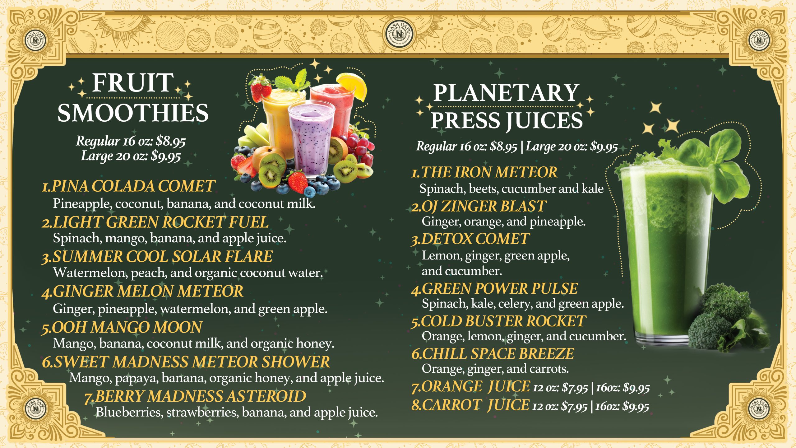 Explore NASA Cafe's full menu in NYC. From cosmic lattes to fresh juices, sandwiches & pastries — discover your new favorite today.