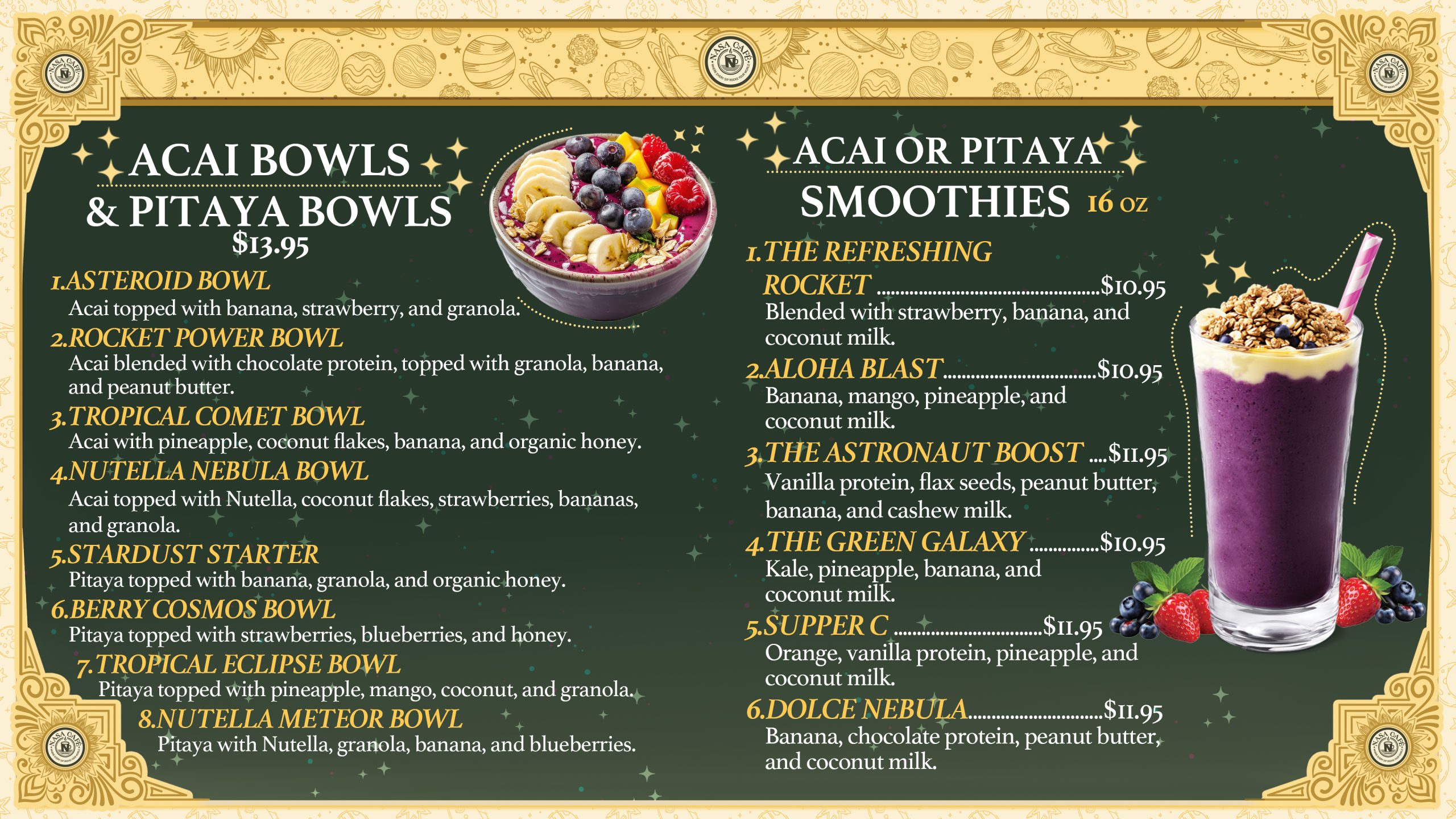 Explore NASA Cafe's full menu in NYC. From cosmic lattes to fresh juices, sandwiches & pastries — discover your new favorite today.