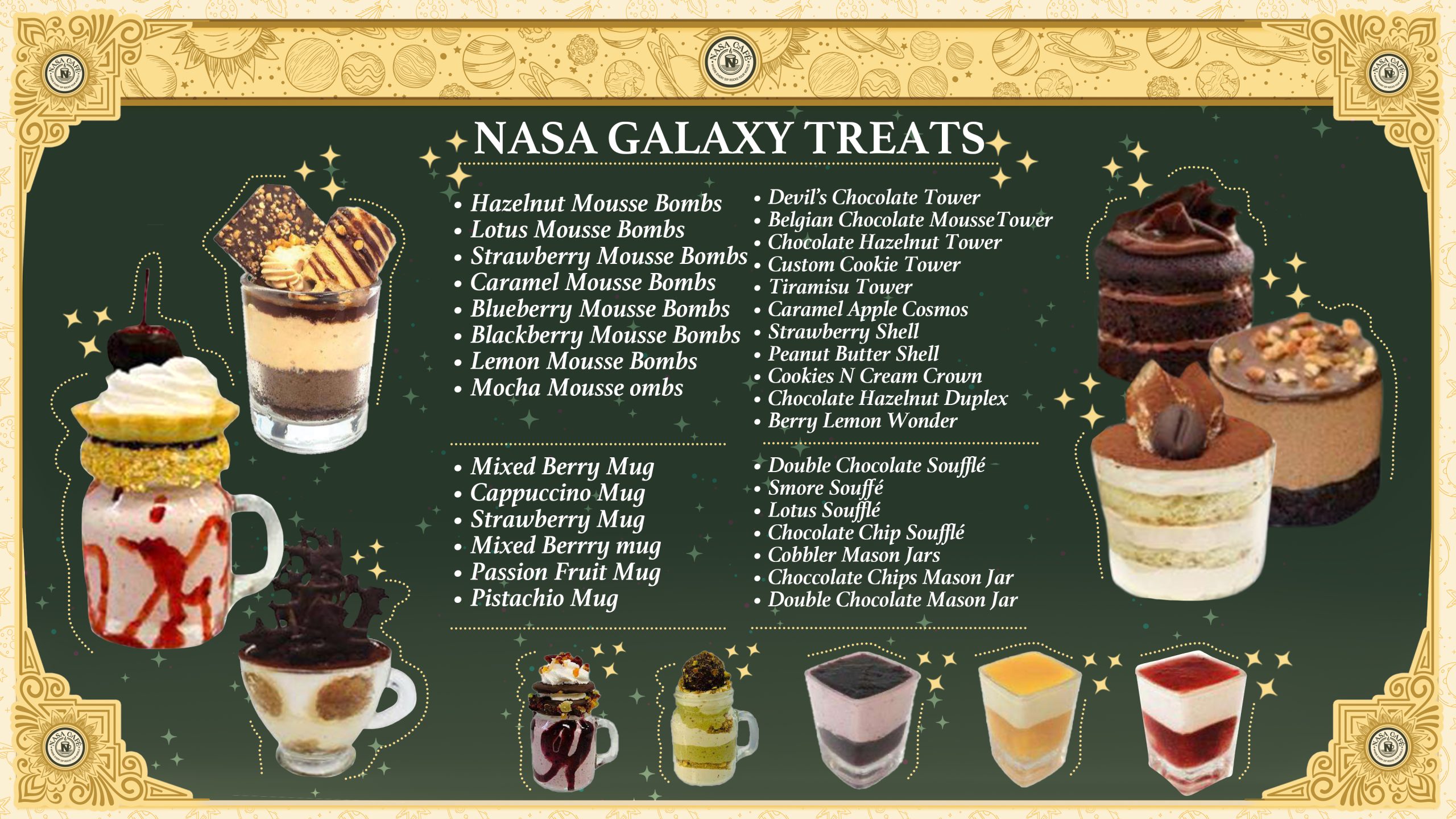 Explore NASA Cafe's full menu in NYC. From cosmic lattes to fresh juices, sandwiches & pastries — discover your new favorite today.