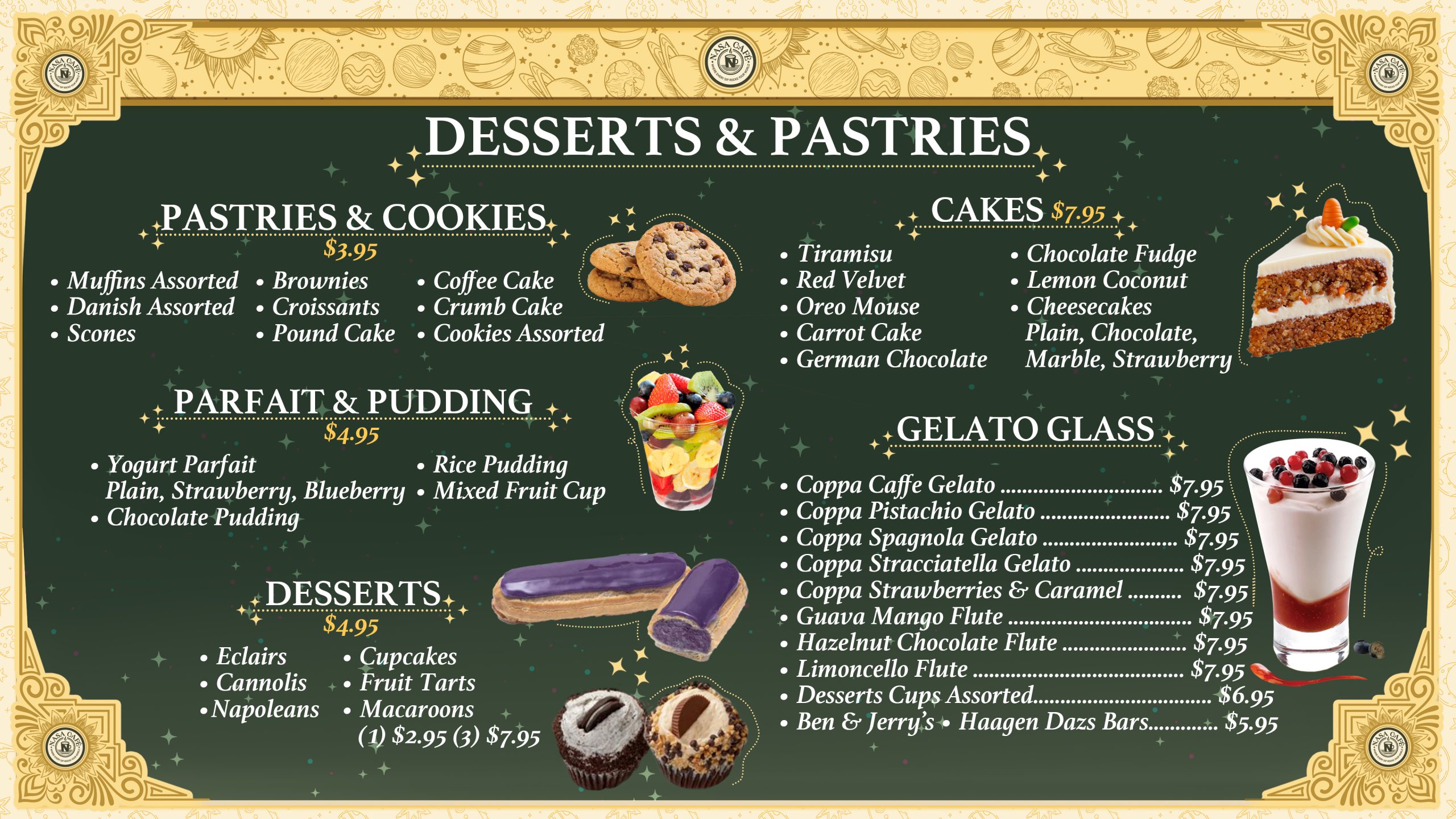 Explore NASA Cafe's full menu in NYC. From cosmic lattes to fresh juices, sandwiches & pastries — discover your new favorite today.