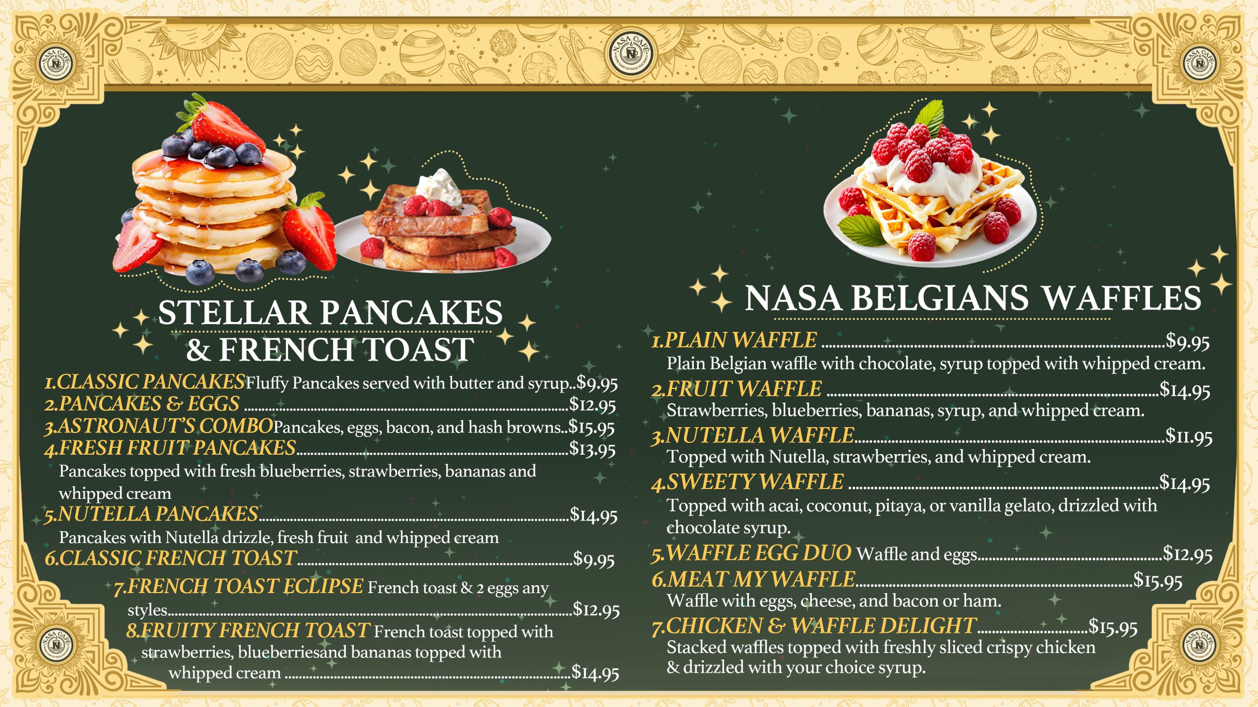 Explore NASA Cafe's full menu in NYC. From cosmic lattes to fresh juices, sandwiches & pastries — discover your new favorite today.
